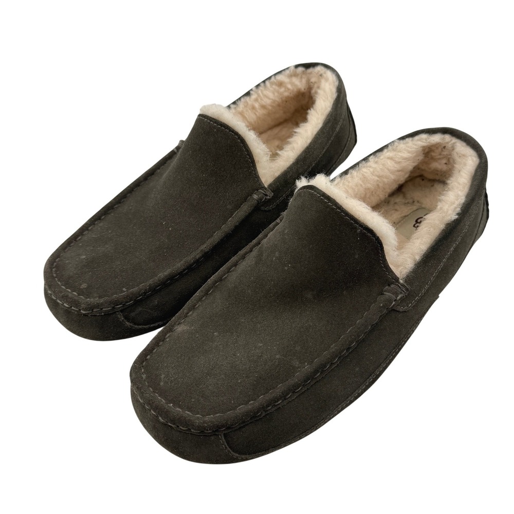 UGG Ascot Suede Slippers Loafers Brown Men 12 Wool Lined Moccasin Indoor Outdoor